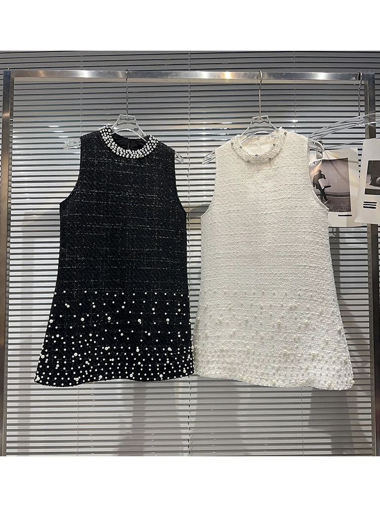 

HIGH STREET 2023 New Stylish Designer Dress Women's Pearl Diamonds Beaded Collar Sleeveless Tweed Dress