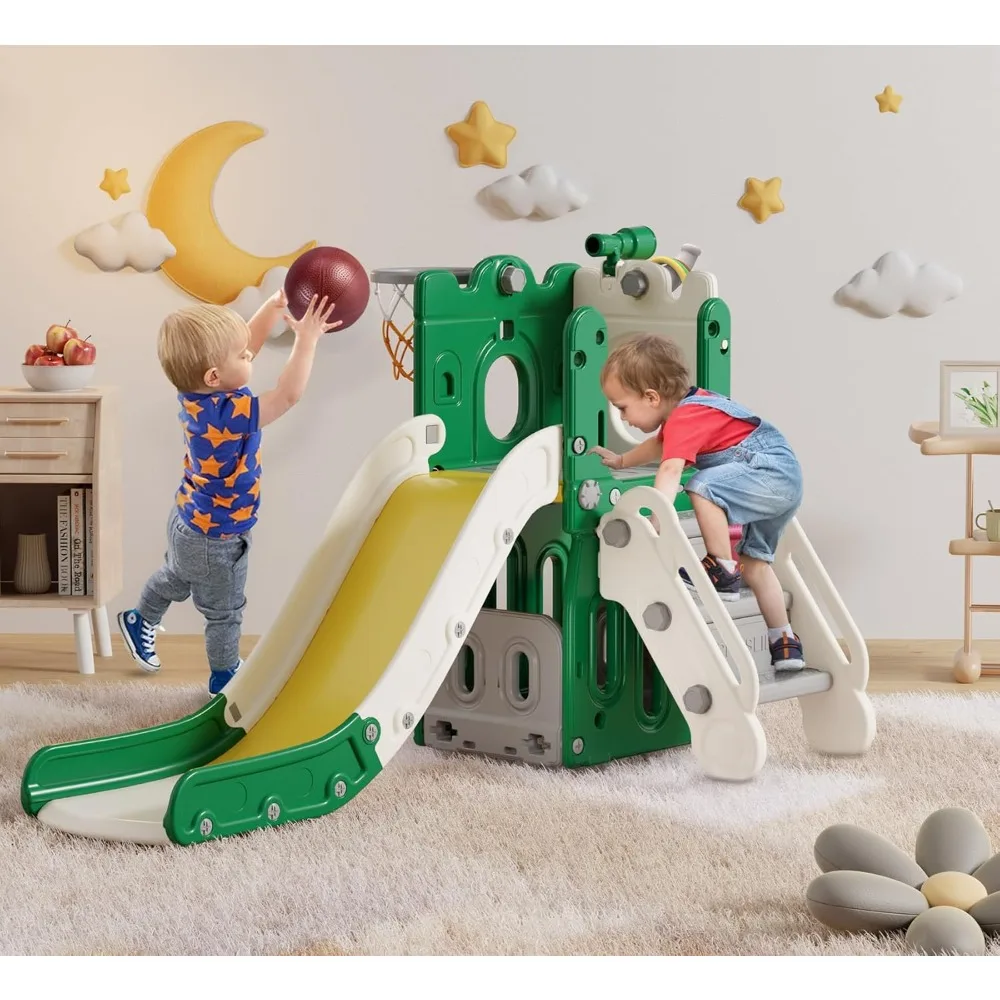 7 in 1 Toddler Slide L-Shaped Kids Slide Basketball Hoop Ball Ring Toss Storage Space Outdoor Indoor Easy Assembly