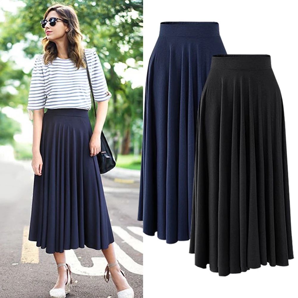 

Fashion Women Maxi Skirt High Waist Elastic Solid Color Midi Long Pleated Skirt 7XL 8XL All-match A Line Black Jupe Saia VD3734