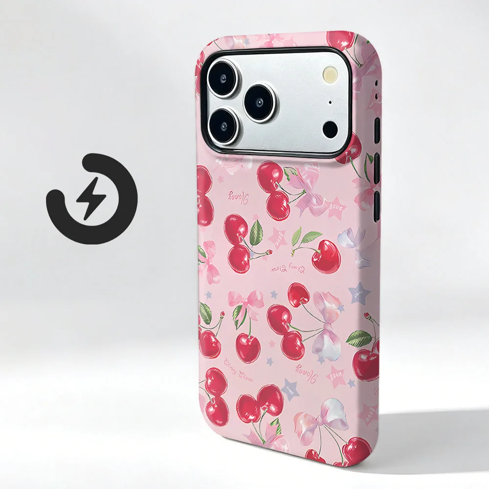 Magnetic Phone Case with Red Cherry Pattern and 2-in-1 Film Shell Bumper Cover