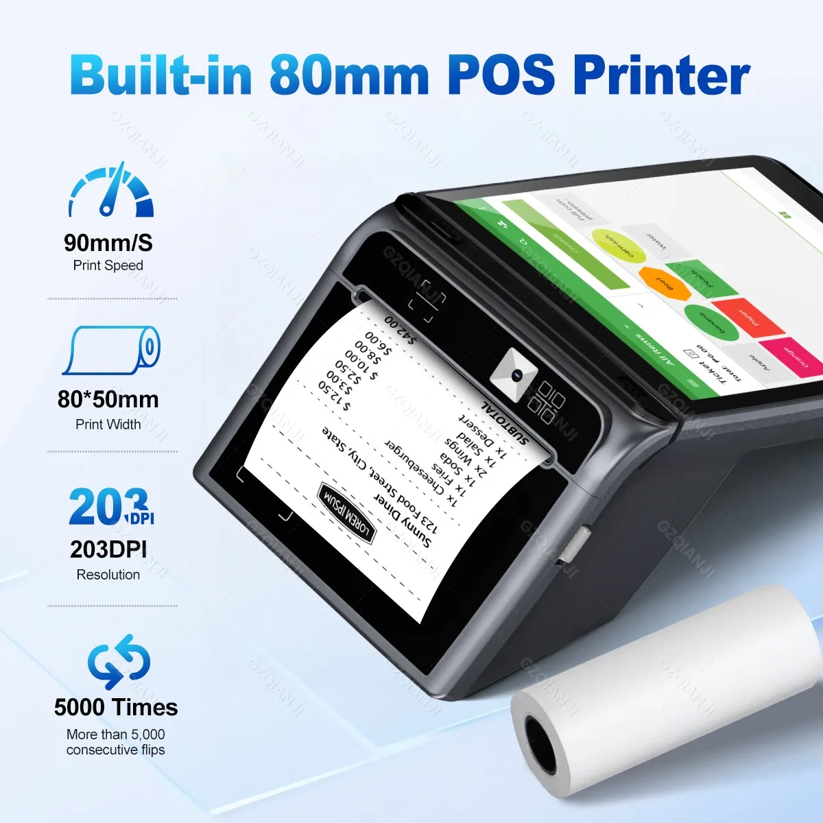 안드로이드 14 POS 단말기 데스크탑 태블릿/핸드헬드 8인치 디스플레이 터치스크린 POS 시스템 80x50mm 감열 프린터, 1D 2D 스캐너 NFC