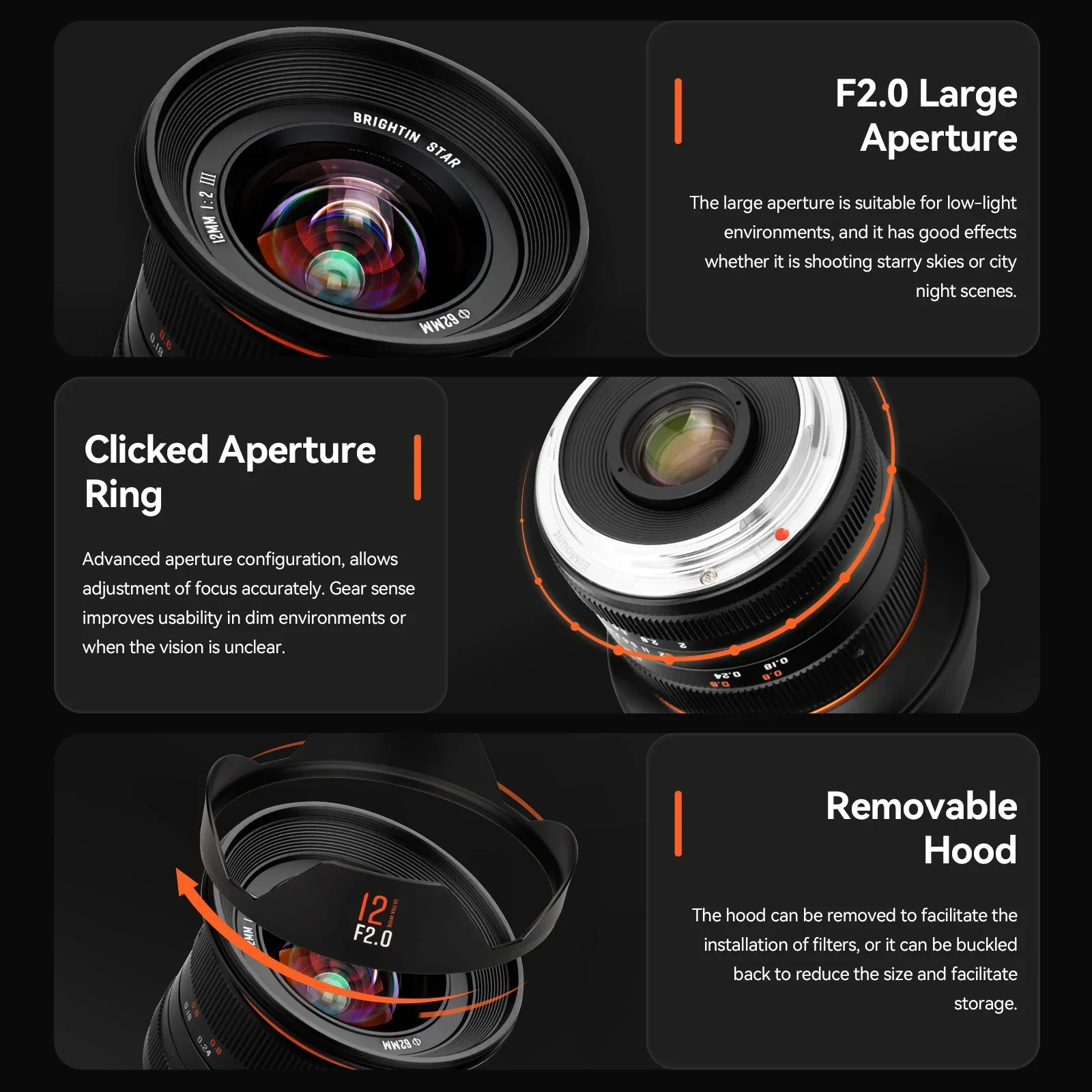 브라이트인 스타 12mm F2.0 III APS-C 광각 대구경 카메라 렌즈 (니콘 Z M4 3, E, 캐논 EF-M RF, 후지 X 마운트용)