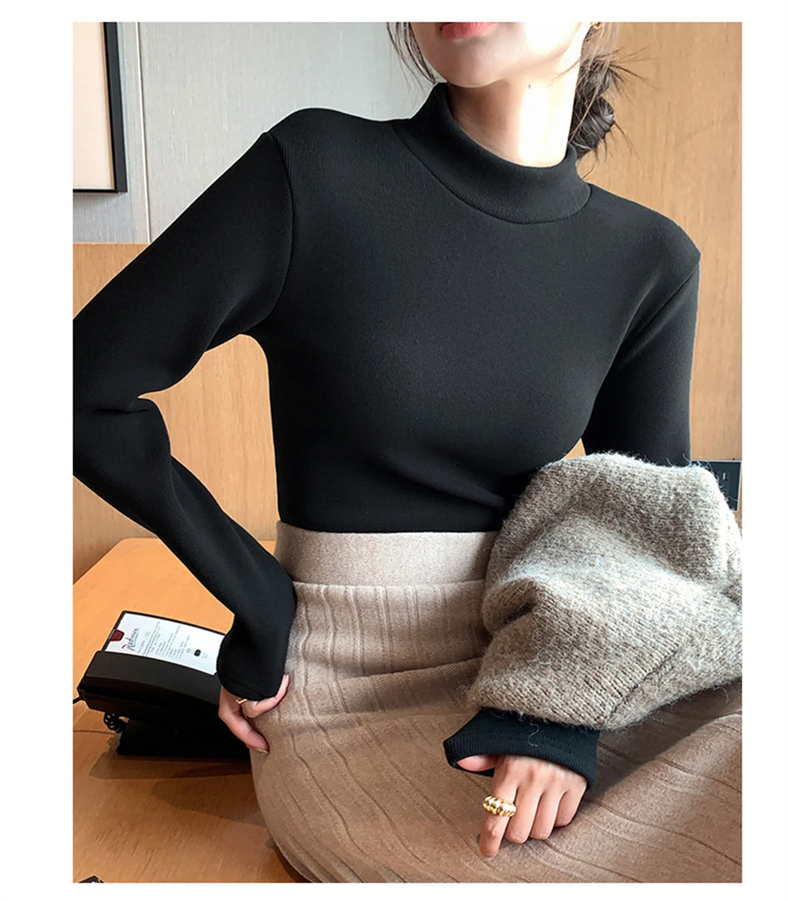 Women's Half high Neck Slim Fit Knitted Base Shirt Fleece Warm Top Autumn Winter Casual Long Sleeved Thicken Sweater Pullovers
