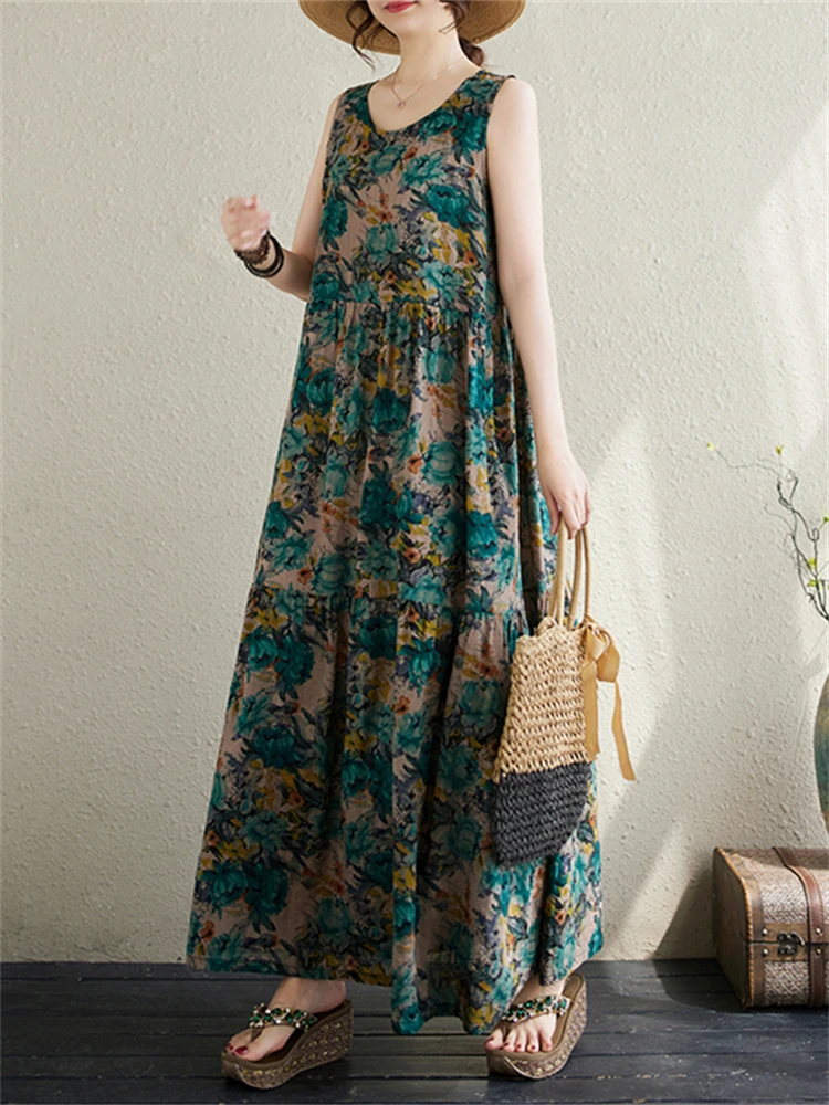 Cotton Vintage Casual Sleeveless Green Print Dresses For Women 2025 New Summer Dress Femme Robe Vestidos Elegant Long Clothing