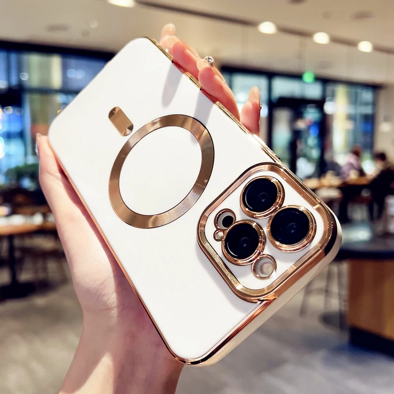 Luxury Plating Frame Magnetic Circle Phone Case For iPhone Wireless Charging Magsafe 11 12 13 14 Pro Max 14 Plus Protector Cover_voghion.com