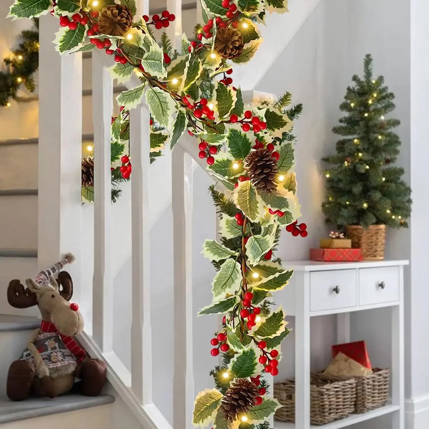 Artificial Plants Christmas Holly Berry Vines Fake Green Leaves Hanging Garlands with Light Strings for Home Party Xmas Decor