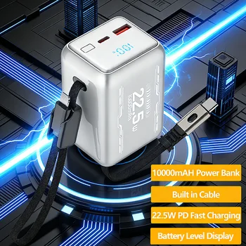 Power Bank da 10000mAh con Ricarica Rapida PD 22.5W, Caricabatterie Portatile con Cavo USB-C Integrato, Batteria Esterna per iPhone Xiaomi Samsung