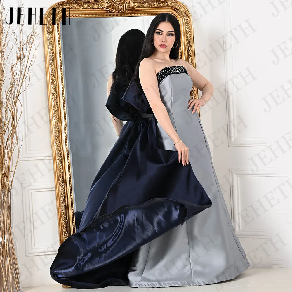 

JEHETH Simple Satin Arabic Evening Dresses فساتين السهرة Dubai Beading CryStals Party Back Bow Strapless Wedding Party Dress