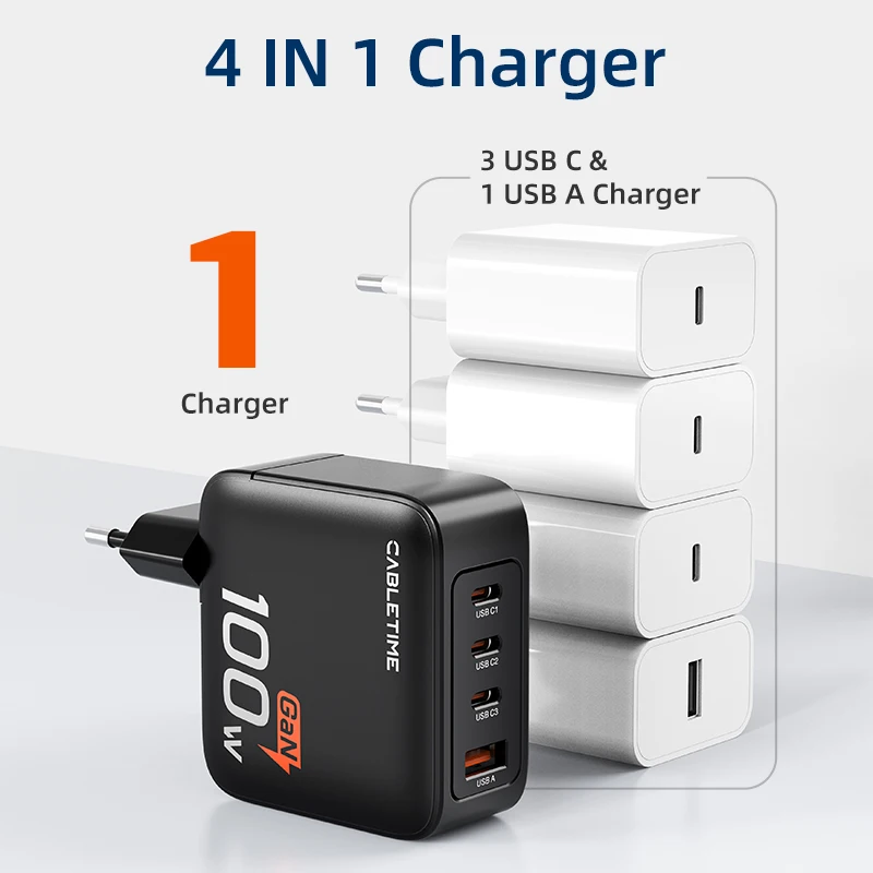 CABLETIME 100W Port USB Type C GaN Wall Quick Charger