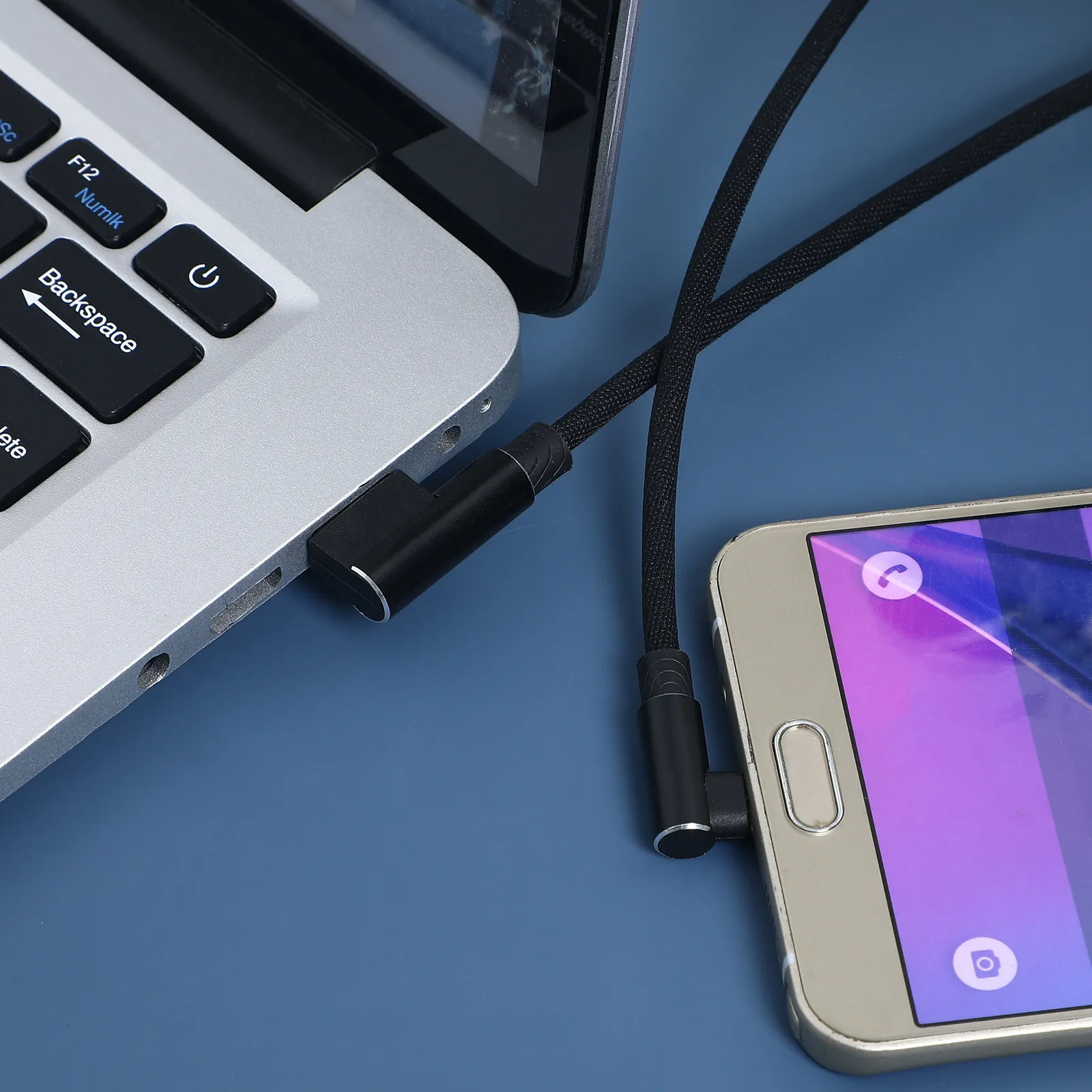 1M 마이크로 USB 케이블 직각형 브레이드 90도 고속 충전 및 데이터 전송 엉킴 방지 USB 코드 (휴대폰용)