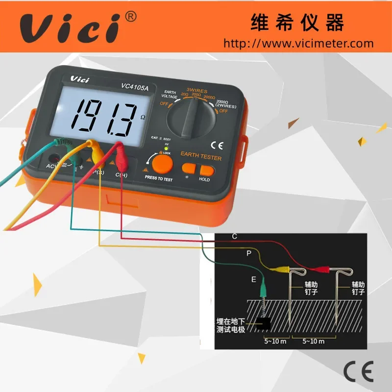 VICI VC4105A Digital Earth Resistance Tester LCD Insulation Ground Resistance Voltage Meter Lightning Rod Instrument Tool