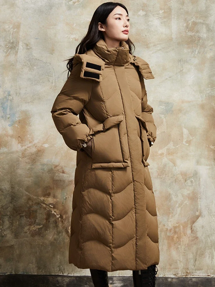 2023 Winter long down jacket women simple and warm 90 white duck down hooded over-the-knee padded coat women