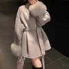 Cosmo Winter New Loose Fit Lazy Style Chic Fashion V-neck blend Coat for Women Wide Sleeves Outwear Stripes Female Wool Coat 6
