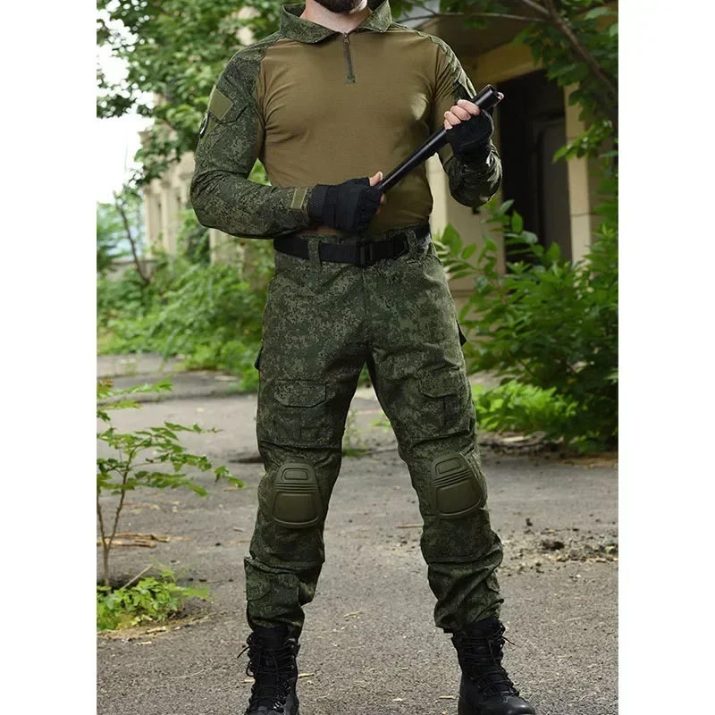 Spring Camo Sets Men Breathable Long Sleeve T-shirts+Multi-pocket Straight Pants Training 2 Pcs Cargo Suits Sports Tactical Set tactical suit