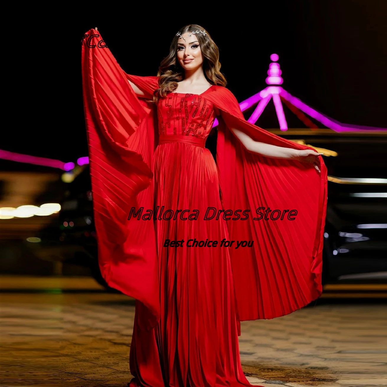 

Mallorca Saudi Women Wear Pleats A Line Dress for Evening Flutters Sleeves Beaded Celebrity Women Wear Long Prom Party Gowns