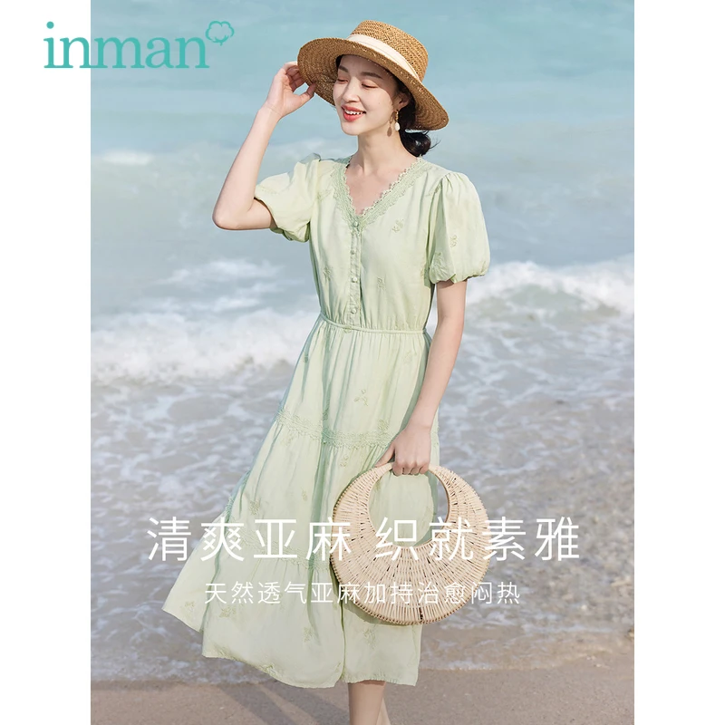 

INMAN Women Dress 2023 Summer Bishop Sleeve Lace V Neck High Waistline A-shaped Loose Temperament Gentle Style Tea Break Skirt