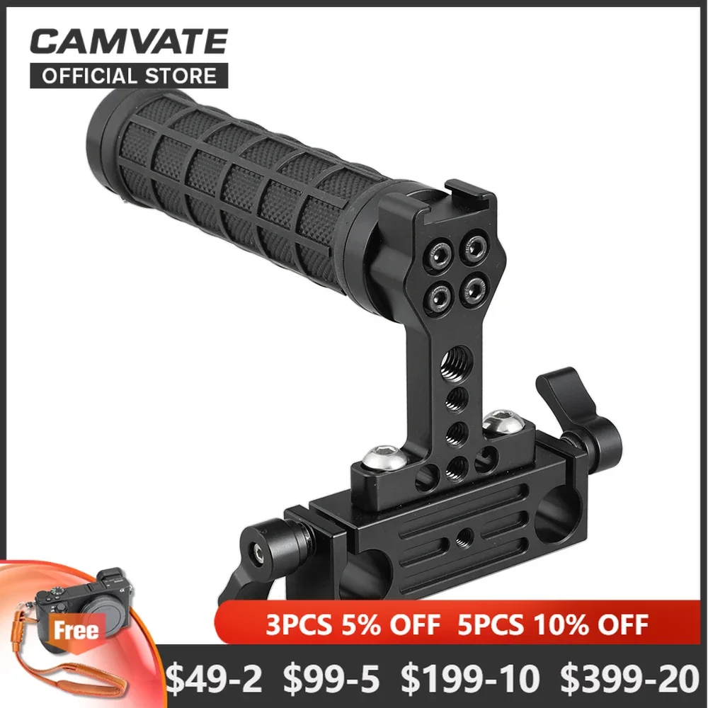 

CAMVATE Rubber Top Handle With Cold Shoe Mount + Standard 15mm Dual Rod Clamp Adapter For DSLR Camera Cage Rig Support System