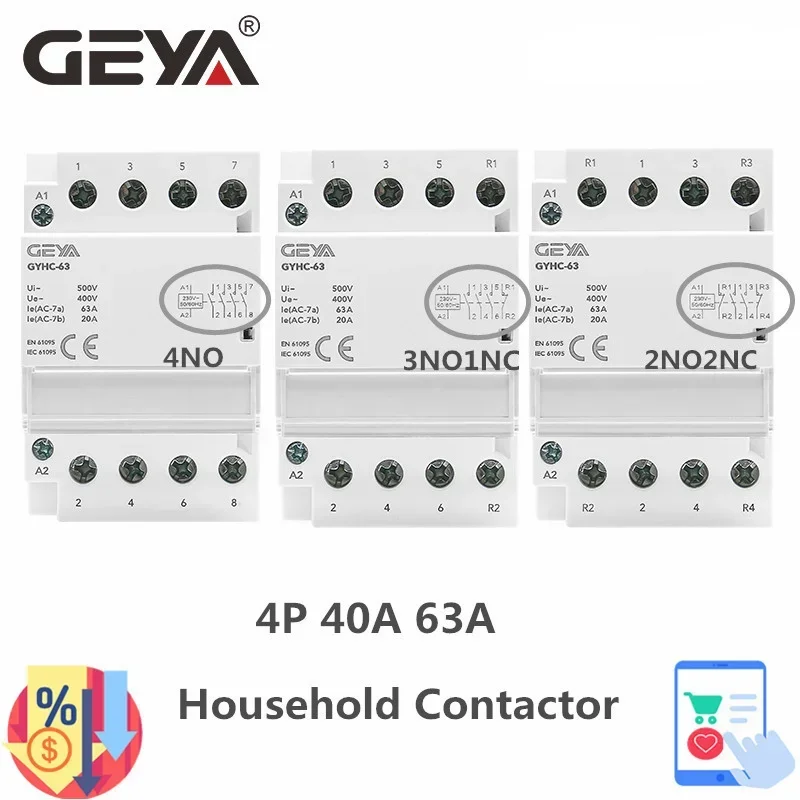 Contator ca Geya-din Rail Uso Doméstico ou para Carregamento Boa Qualidade 4p 40a 63a 4no 4nc 2no2nc 3no1nc