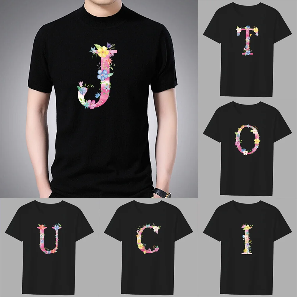 

Men's Classic T-shirt Casual O-neck Pink Lettern Printing Pattern Series Commuter All-match Breathable Black Shirt
