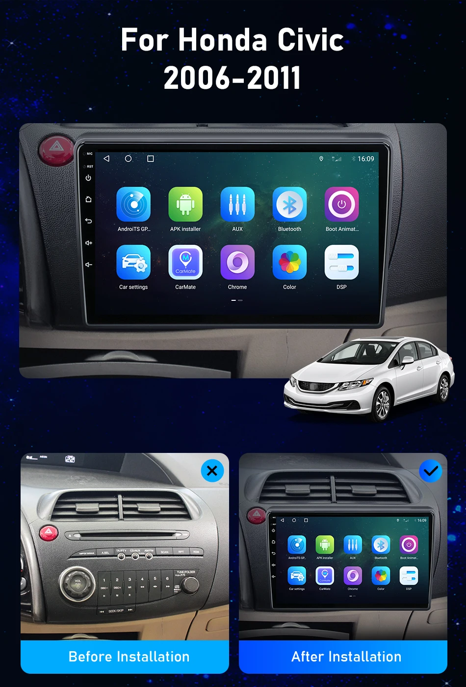 Srnubi 2Din Android Auto Radio Multimidia Video Player Auto Stereo Für Honda Civic Fließheck 2006-2011 Carplay 2 din dvd Kopf Einheit – Detail 3