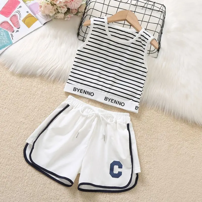 

Girls Summer Casual Sports Strippe Vest+shorts 2pcs Suits Girls Anti Bump Bottoming Cotton Camisole Kids Summer Outfits Clothes
