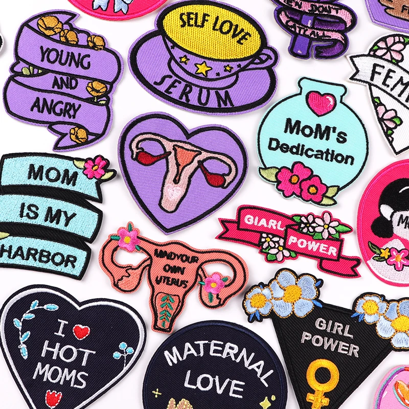 Single feminist iron-on patch – select from uterus, girl power, self-love, or mom-themed embroidered designs