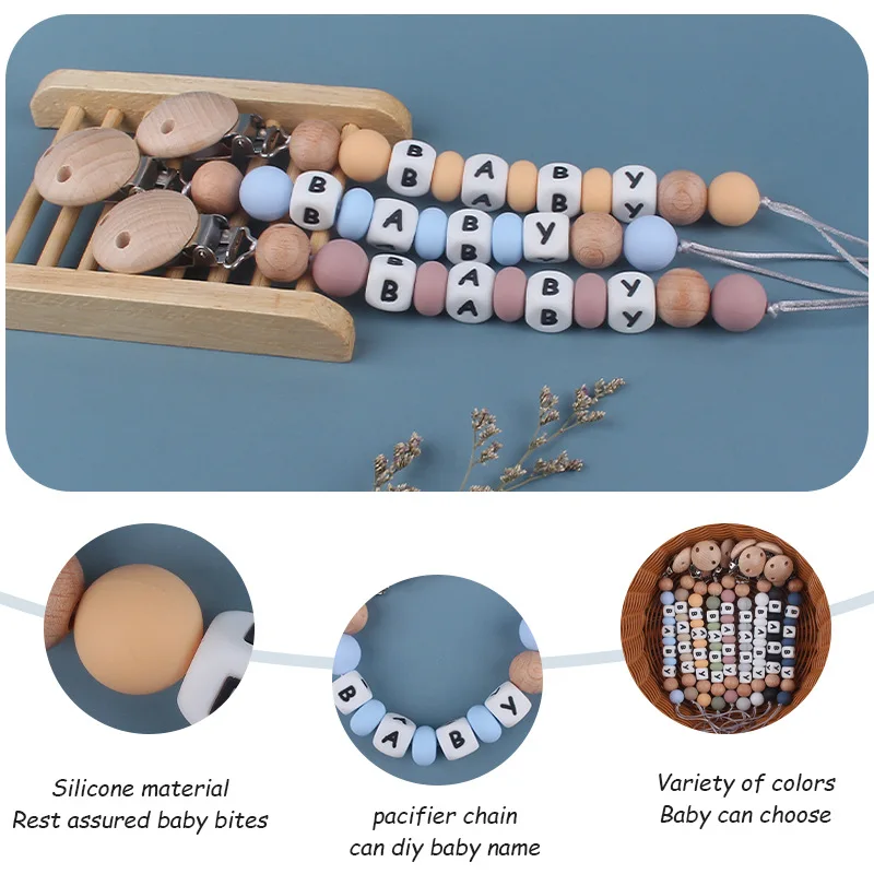 Pacifier clip Baby personalized name dummy holder Silicone teething beads
