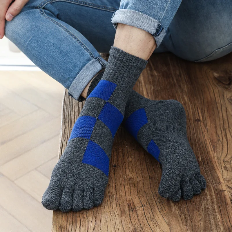 5 Pairs Thick Five Finger Socks Autumn Winter Warm Cotton Sock Big Plaids Business Sport Anti-Friction Deodorant Split Toe Socks