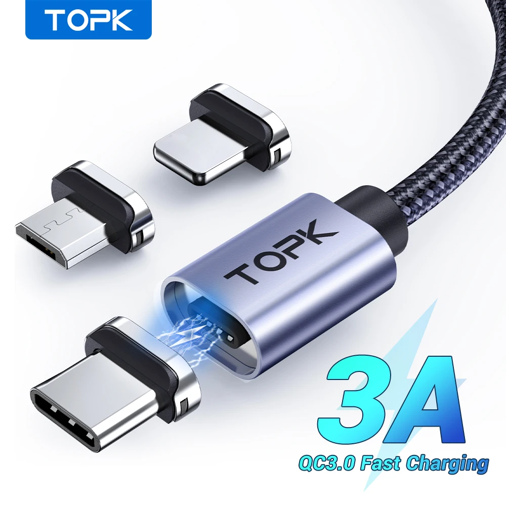 TOPK 자기 충전 케이블 3A 마이크로 USB 유형 C 케이블, iPhone 안드로이드 장치용 Led 라이트 자석 전화 충전기 코드 포함