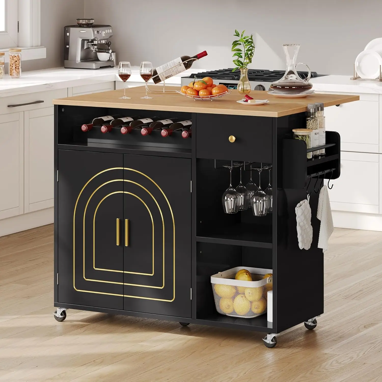 Kitchen Island with Folding Drop Leaf, Rolling Kitchen Cart with 2 Gilded Cabinet Doors, Island Cabinet on Wheels