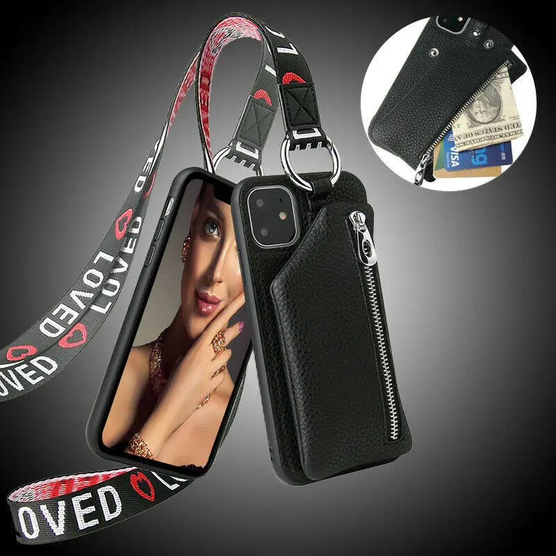 

Роскошный чехол-кошелек с отделяемыми кнопками на молнии, мягкий кожаный чехол для iPhone 14, 13 Pro, Max, 12, 11, XS, X, XR, дорожный крючок с ремешком на шею и ремешком