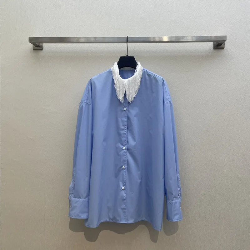 

Spring and summer new fashion style style elegant wind commuter color patchwork collar blue shirt
