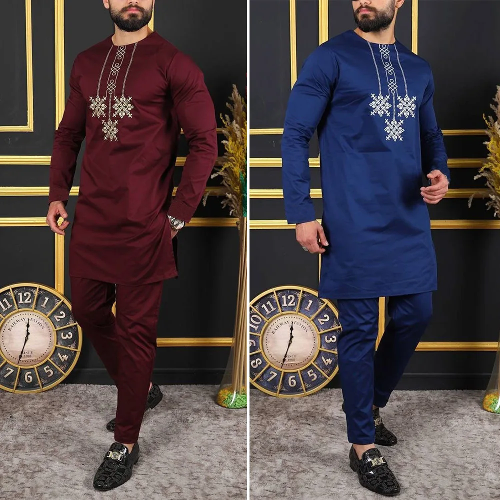 Dashiki African Men Wear 2 Pieces Outfits Long Sleeve Ethnic Top And Pants Sets Wedding Prom Kaftan Luxury Elegant Men Clothing