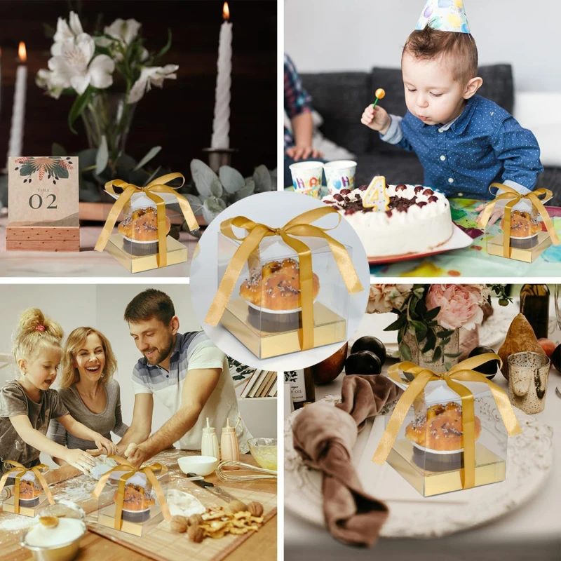 12Pcs PET Square Transparent Cupcake and Cake Boxes with Decorative Ribbons, Clear Plas... - SKU STCB1745 - UGI Packaging