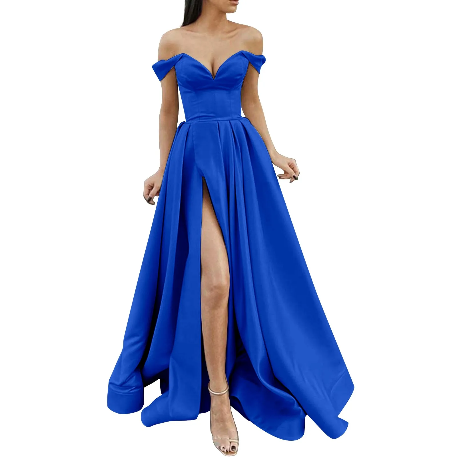 thumbnail image 1 of Vestido de verano con hombros descubiertos para fiesta, graduación, abertura alta, sexy, escote en V, vestido de noche para mujer, túnica plisada lisa, vestidos elegantes largos para mujer, 1 of 5