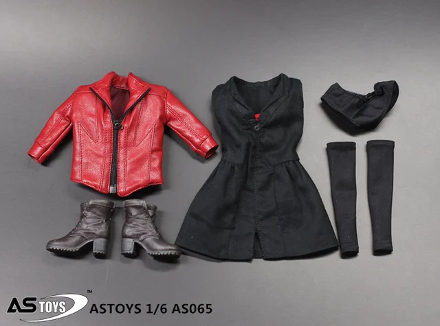 ASTOYS AS065 1/6 Scale Female dolls Fashion red Leather jacket black Dress Suit for 12