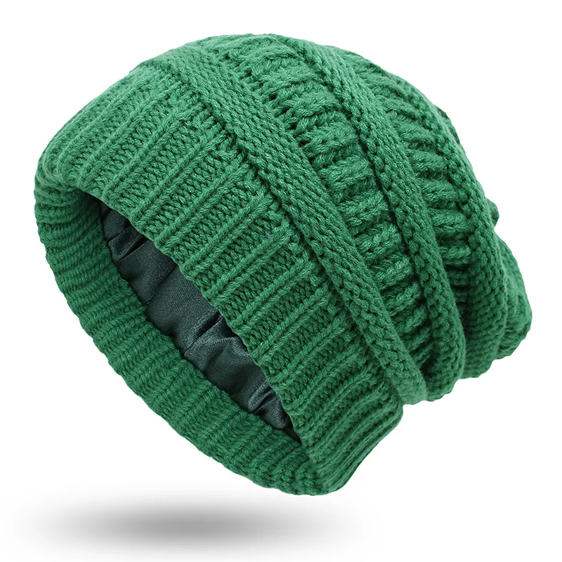Winter Warm Knitted Hat Satin Lined Hairstyle Protection Beanie Hats Soild Color Outdoor Windproof Women Snow Skiing Caps 4