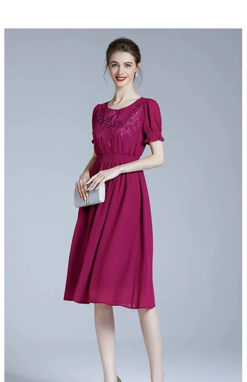 

High Quality Chiffon Dres 2023 Summer Fashionable Women Lurex Embroidery Sequined Deco Short Sleeve Mid-Calf Blue Wine Red Dress