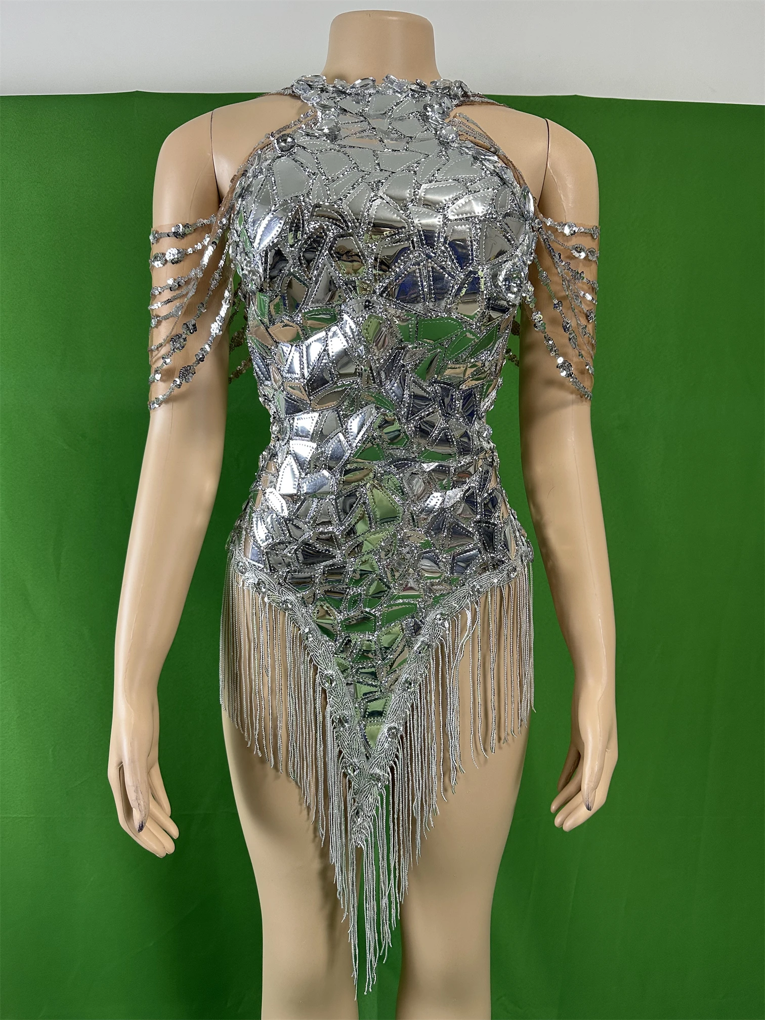 Sparkly Shinning Sequins Bodysuit Women Dancer Gogo DJ Nightclub Party Tassel Silver Night Out Stage Wear Drag Queen Outfit