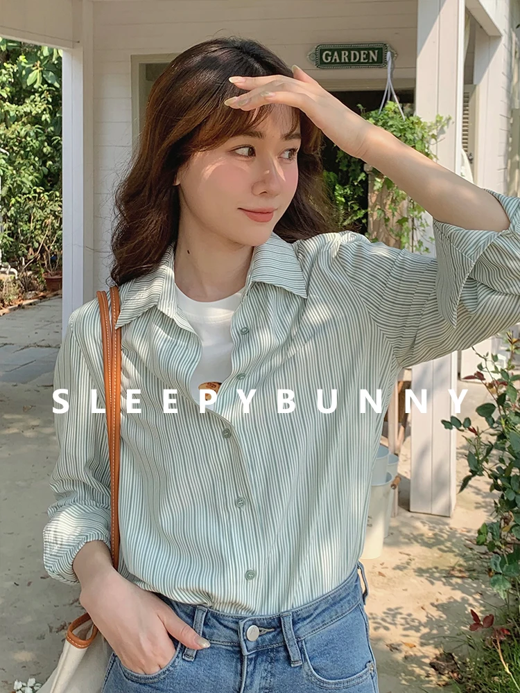 

Striped Harajuku Basic Commuter Shirt For Women Long Sleeve Korean Fashion Sweet Solid Color Top Street Wear