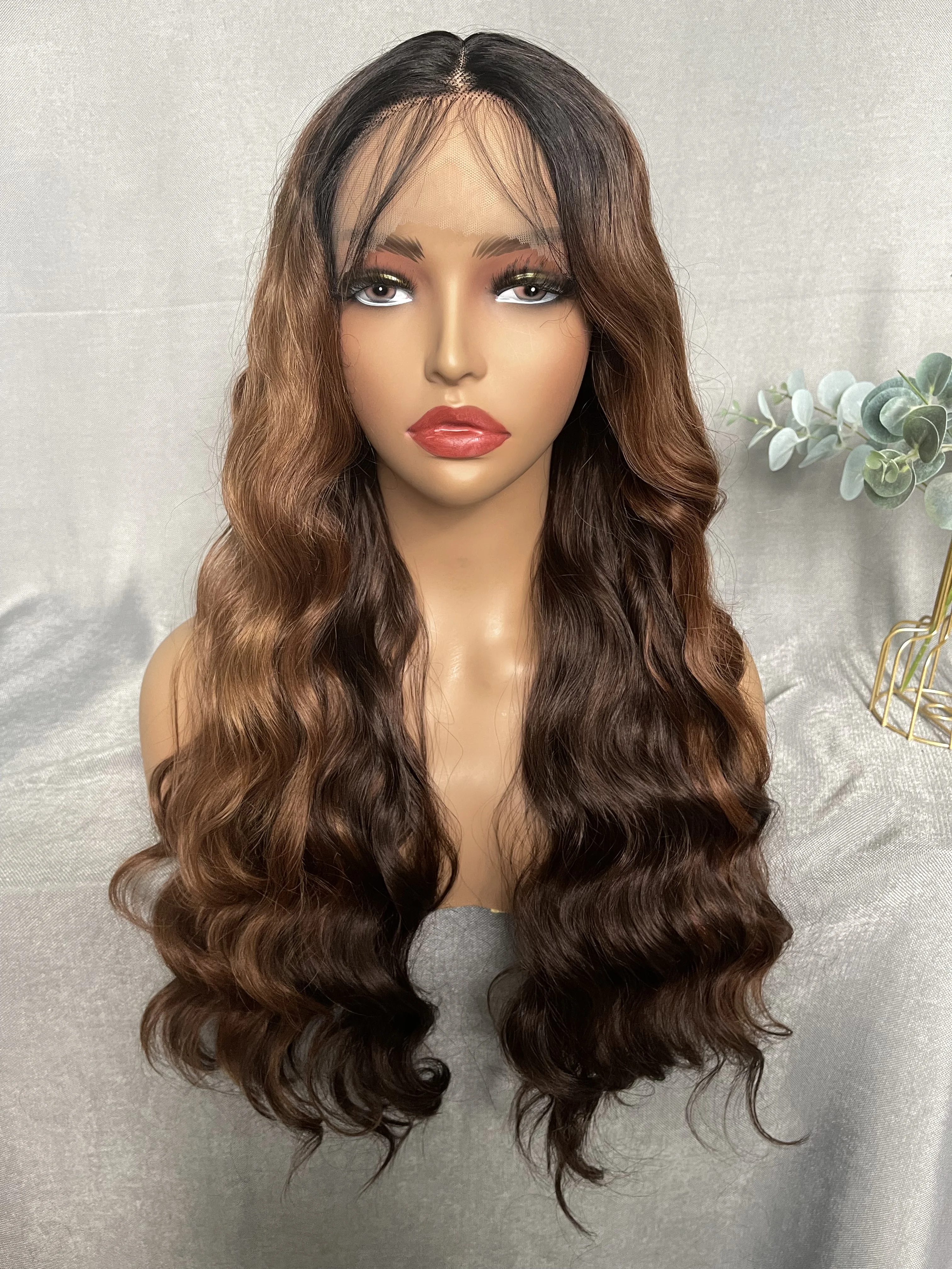 

X-TRESS 26 Inch Wavy Natural Synthetic Wig Black Ombre Brown Middle Part Transparent Lace Front Wig for Black Women Daily Party