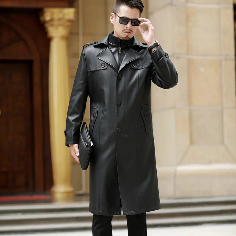 

Autumn Winter 2024 New Men's Leather Long Coat Trendy Gentleman High Quality Windbreaker Temperament Male Lapel PU Clothes