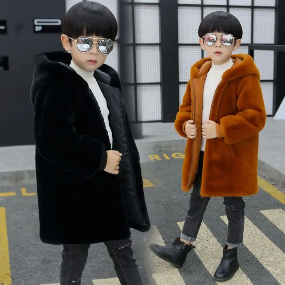 Young Boys' Hooded Mink Fur Woolen Coat Solid Children's Clothing Winter Thickened Warm Korean Fashionable 3-12 Years Old