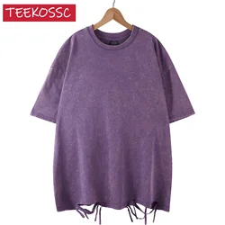 Vintage Unisex Retro Heavyweight Washed Oversized T - Shirt - Short Sleeve Summer Streetwear - XXL (Purple)