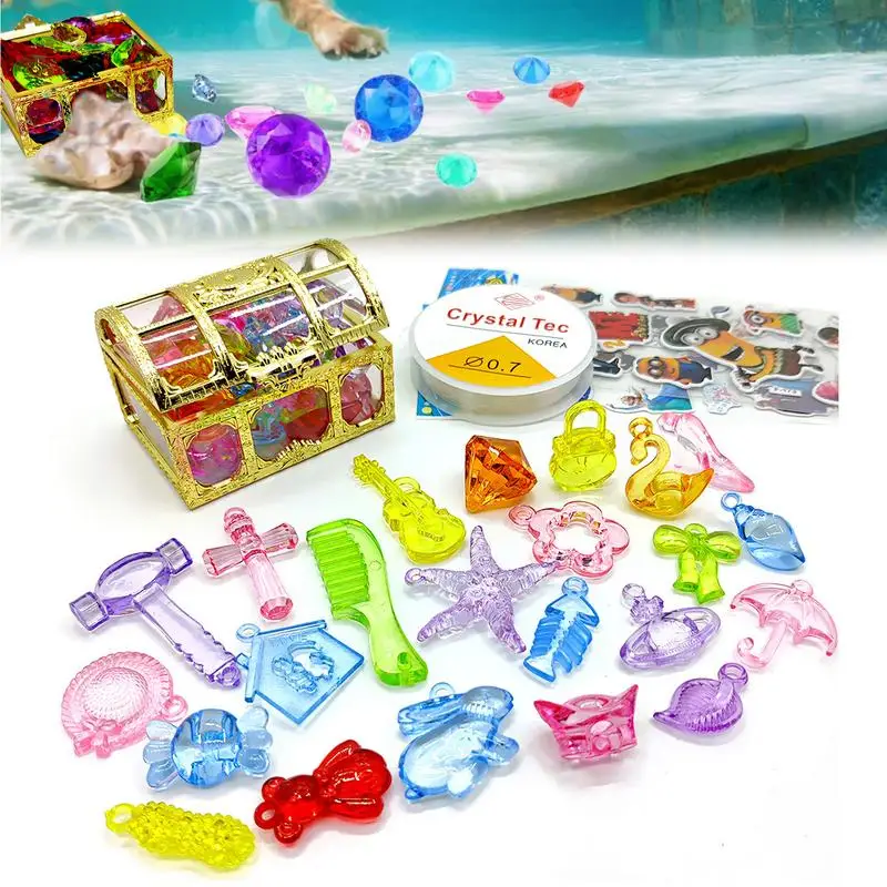 Pool Diving Gems Toys Colorful Diamonds Set With Big Treasure Chests Box Underwater Gems Dive Throw Toy Training Set For Summer treasure hunt toys