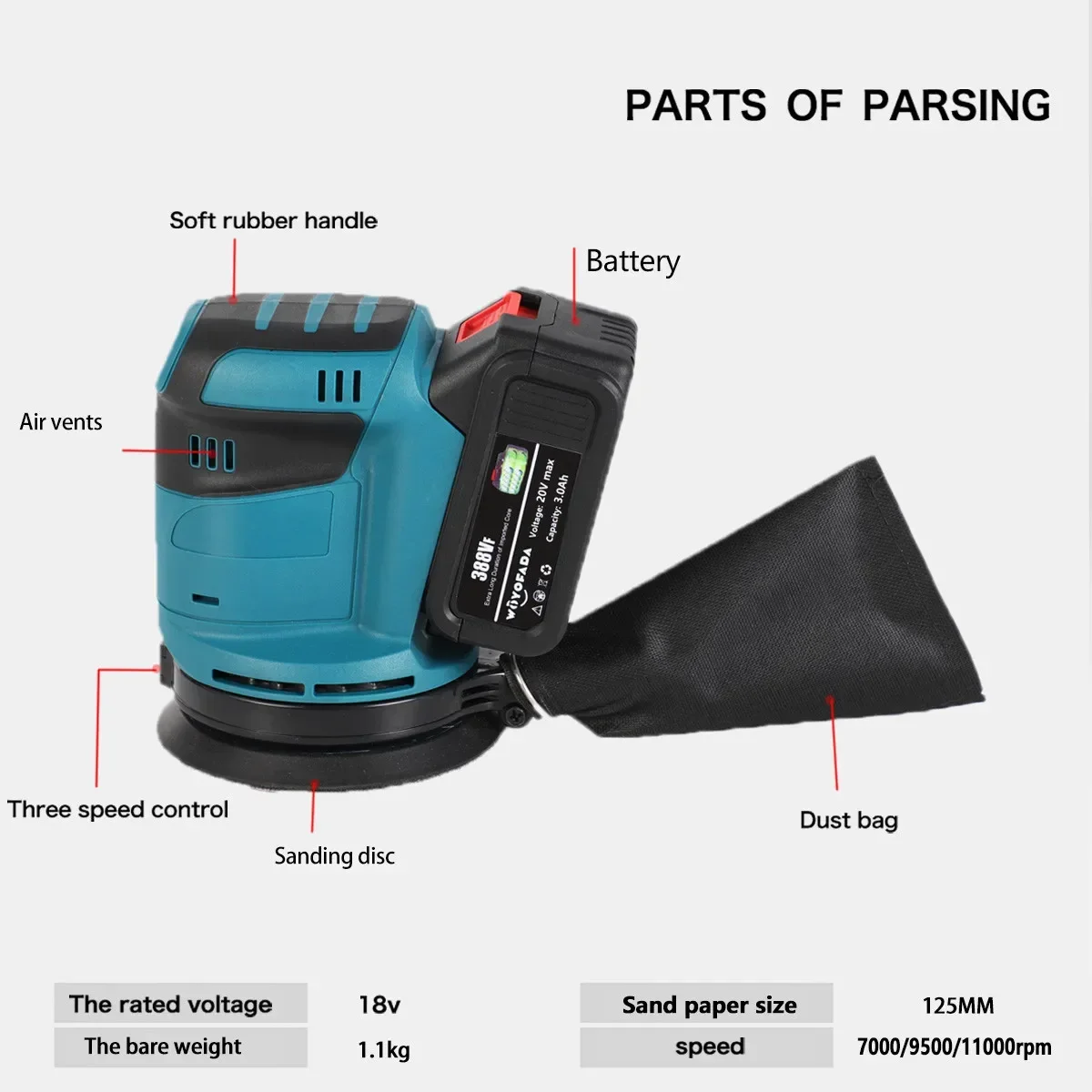 3 Speed Random Orbit Electric Sander 125mm Sandpaper Wood Grinder Polishing Machine Sander Power Tools For Makita 18V Battery 4