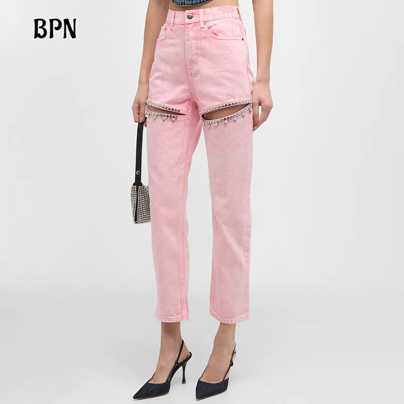 

BPN Fashion Spliced Diamonds Hollow Out Jeans For Women High Wiast Patchwork Pockets Solid Straight Leg Denim Pants Female Style