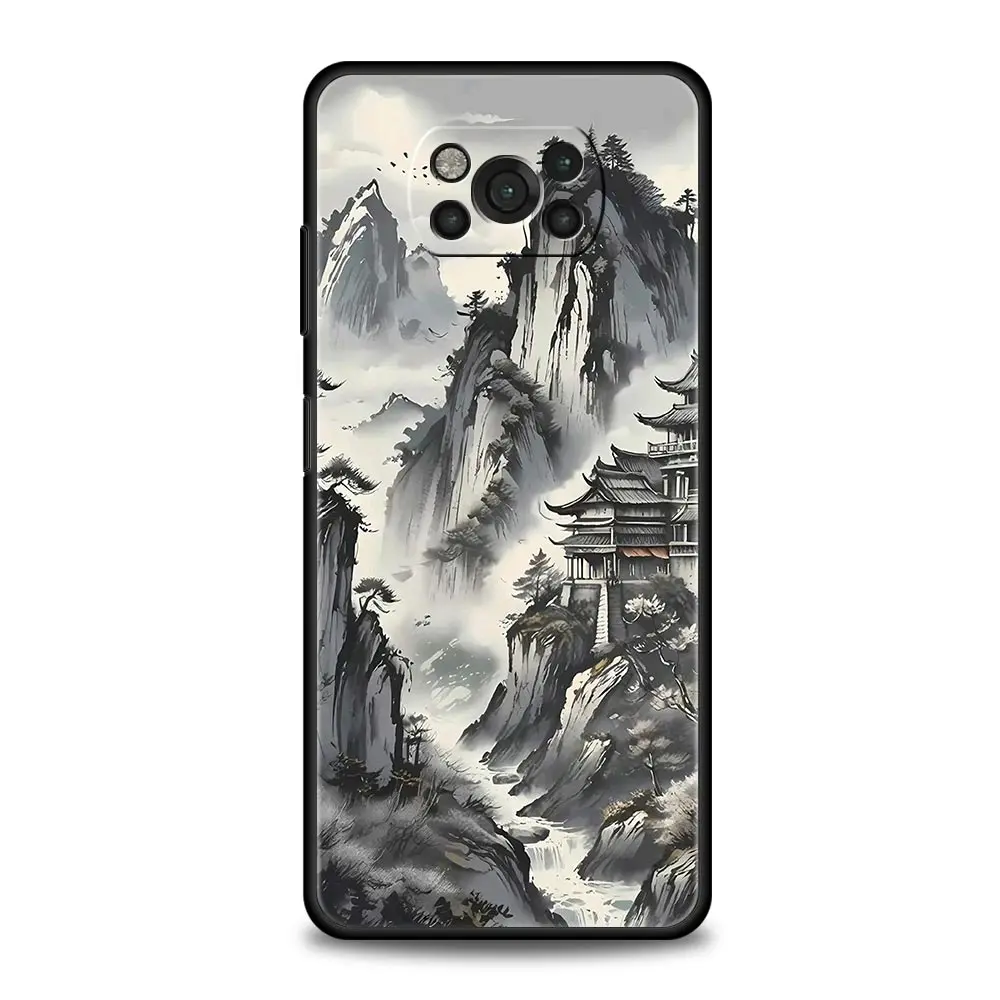 Elegant Soft Silicone Black Phone Case with Landscape Art Design