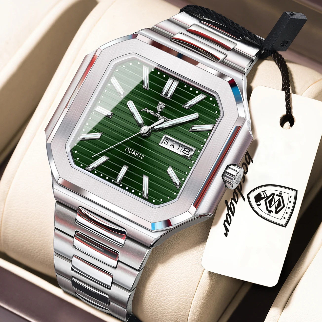 Original Square Man Watch Waterproof Luminous Date Week Fashion Men Clock Stainless Steel Business Men's Quartz Watches_voghion.com