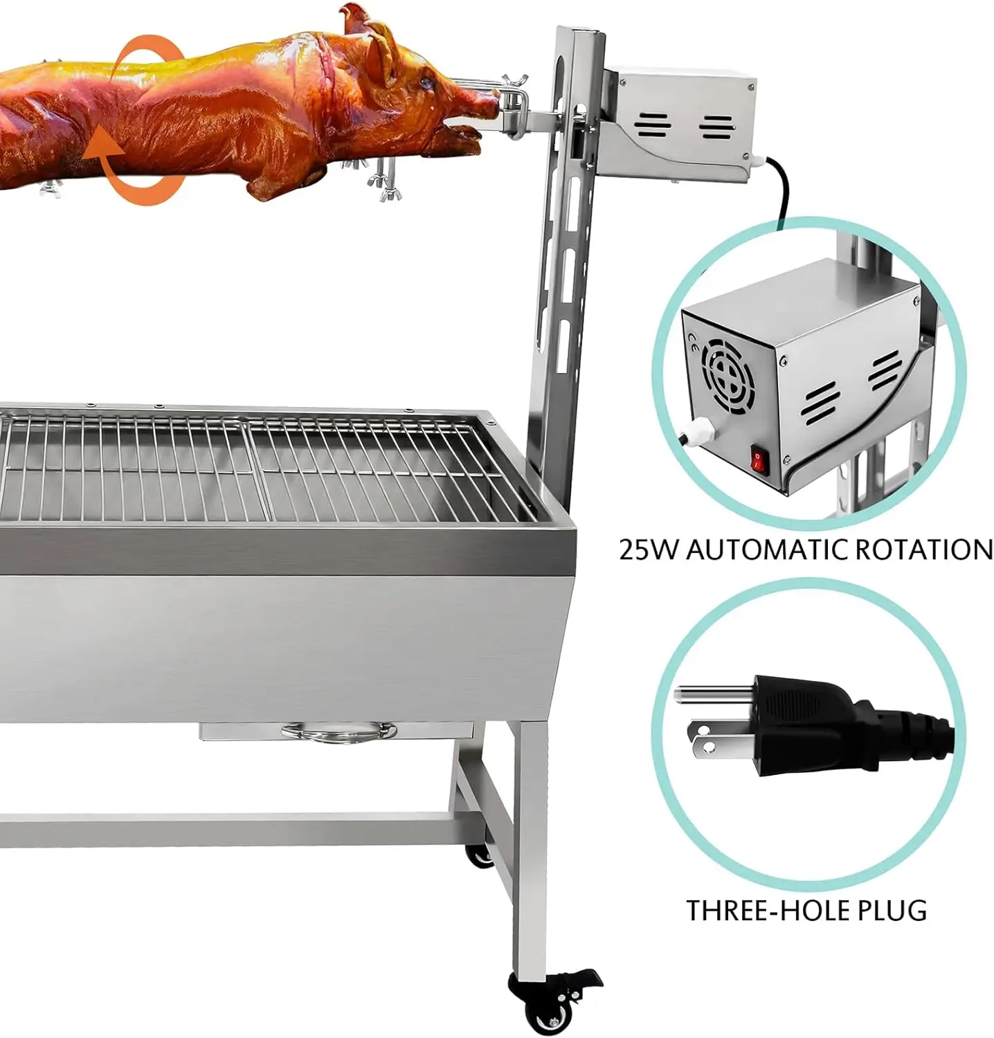 Steel Rotisserie Grill, 25W Motor Small Pig Lamb Rotisserie Roaster, 37'' 2 in 1 BBQ Charcoal Rotisserie Grill for Camping Outdo 3